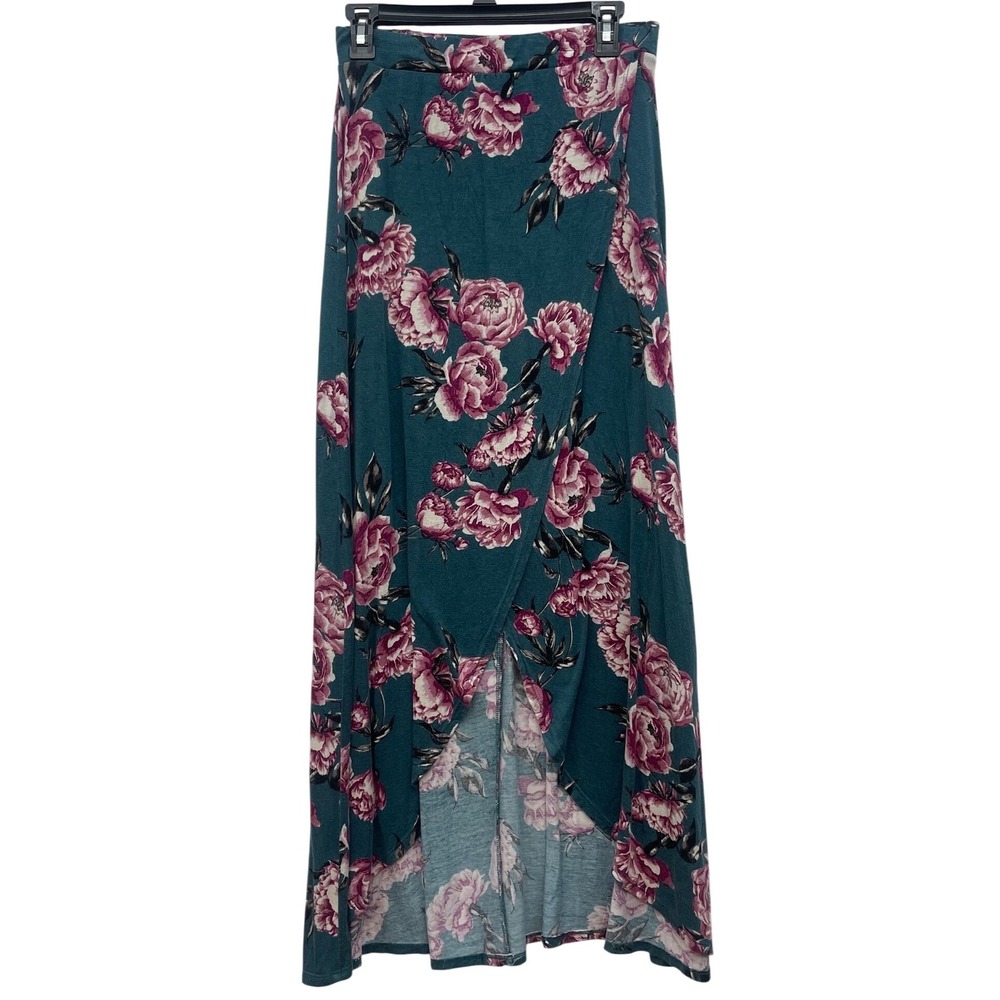 Charlotte Russe Teal Floral High Low Faux Wrap Maxi Skirt Large Boho Romantic